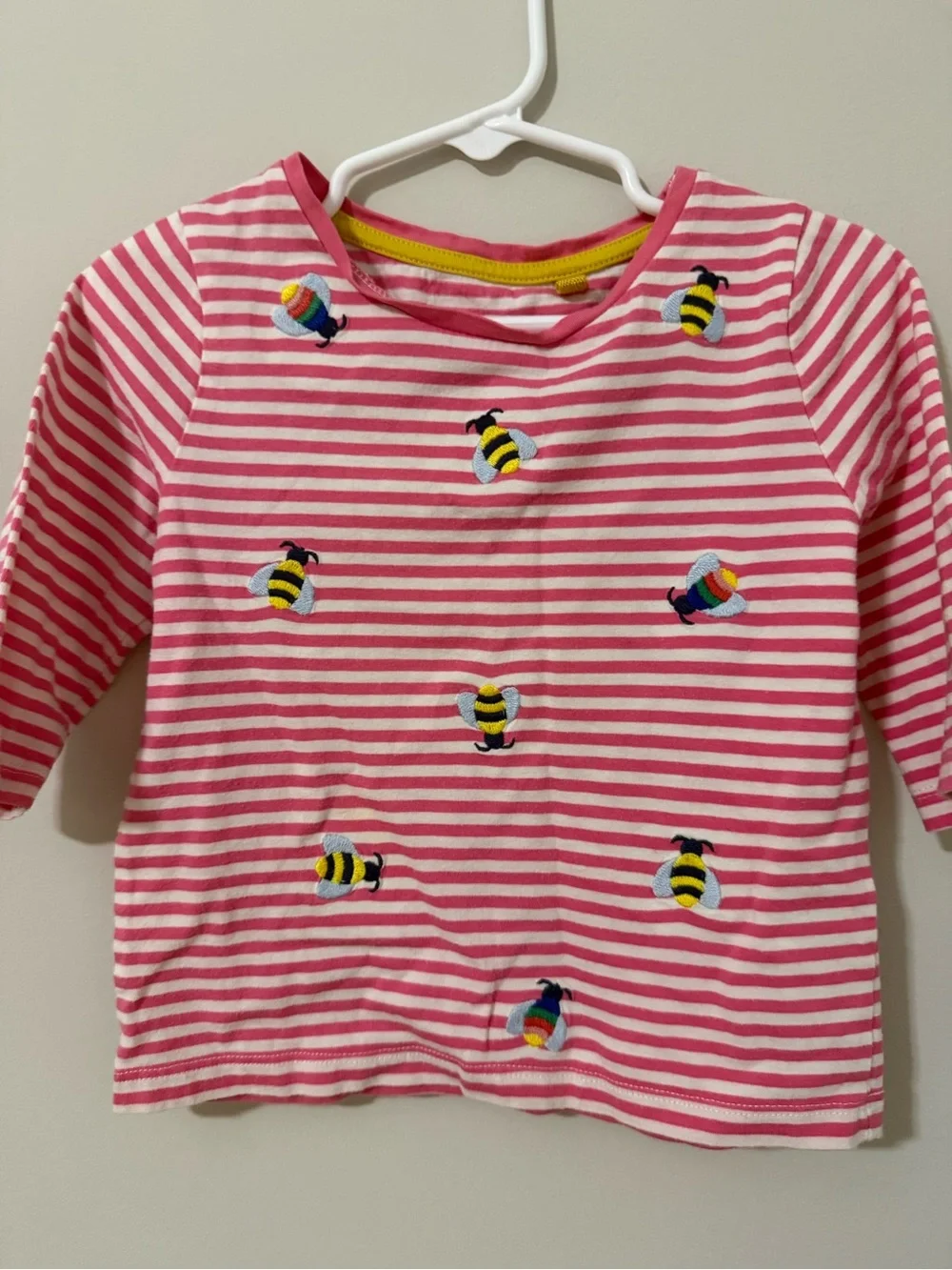 Mini Boden Pink & White Striped Long-Sleeve Top with Bee Embroidery